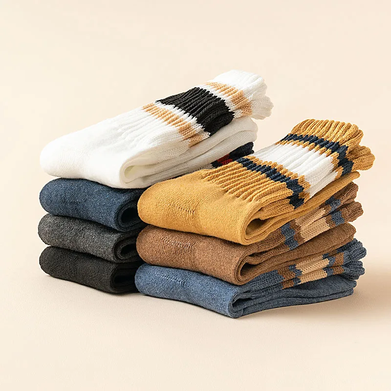 Winter Thick Men's Cotton Socks Fashion Striped Sports Socks High Quality Casual Long Socks Men's Padded Cycling Socks 5 Pair