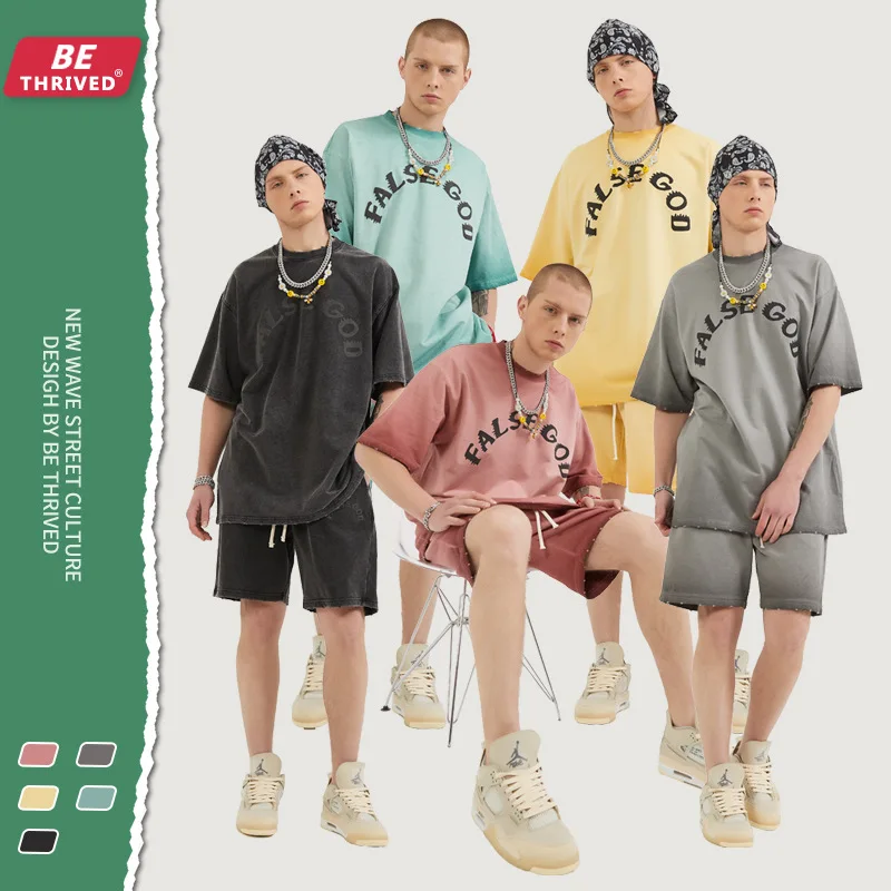 

BETHRIVED 2 piece sets outfit for men two piece set summer men clothing street wear men sets vintage wash t-shirt and shorts
