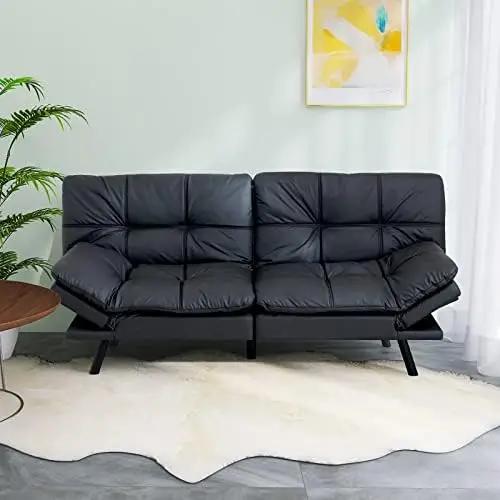 

Futon Sofa Bed,Black Leather Memory Foam Loveseat Futons Sofa Couch,Small Euro Lounger Sofa for Compact Living Spaces,Apartment,