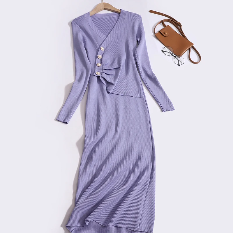 

Женское трикотажное платье-свитер на пуговицах, элегантное облегающее трикотажное платье-свитер на осень