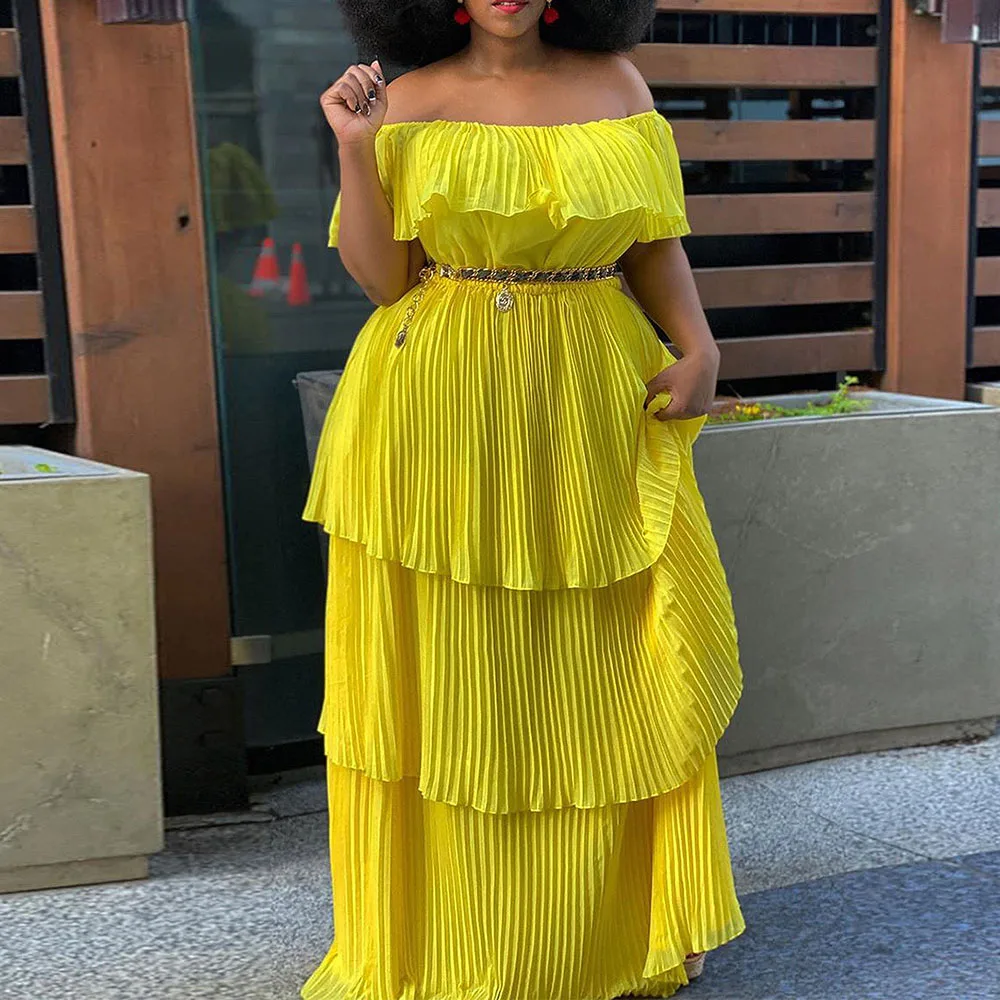 

Plus Size Dress Women Off Shoulder Ruffle Pleated Indie Casual Beach Holiday Slash Neck Layered Summer Long Maxi Dresses Yellow