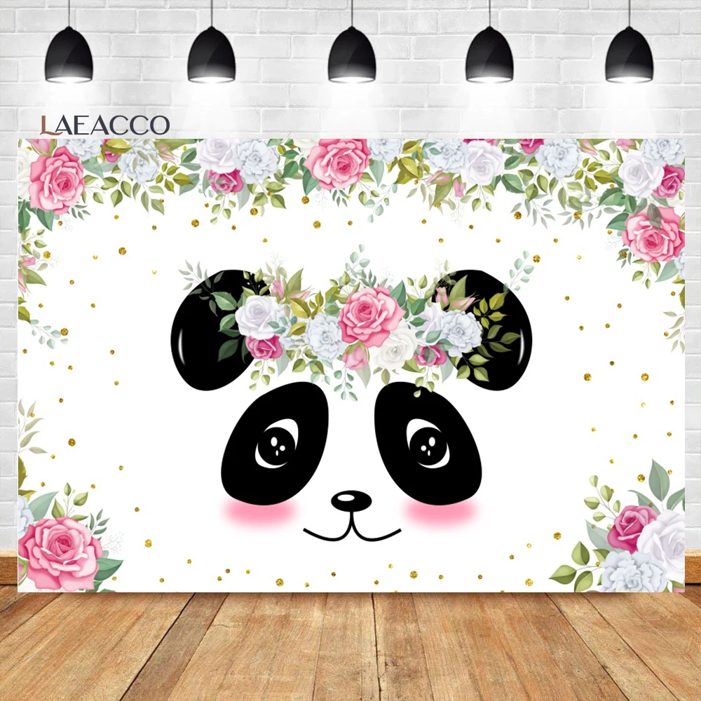 

Laeacco Cute Panda Birthday Backdrop Watercolor Floral Golden Giltter Girls Baby Show Portrait Customized Photography Background
