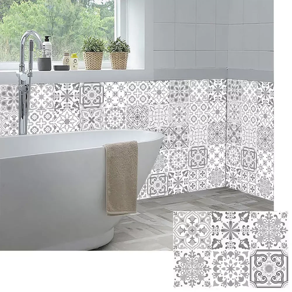 

New in Light Gray Strip Tiles Wall Sticker Bathroom Kitchen Tables Decoration Wallpaper Peel & Stick Waist Line Art Mural en