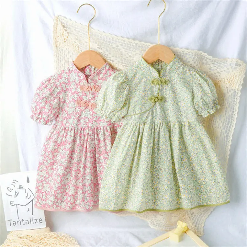 

Kids Clothing 2022 Summer New Chinese Style Baby Girl Floral Princess Dress Fashion Puff Sleeve A-line Children's Hanfu Dress