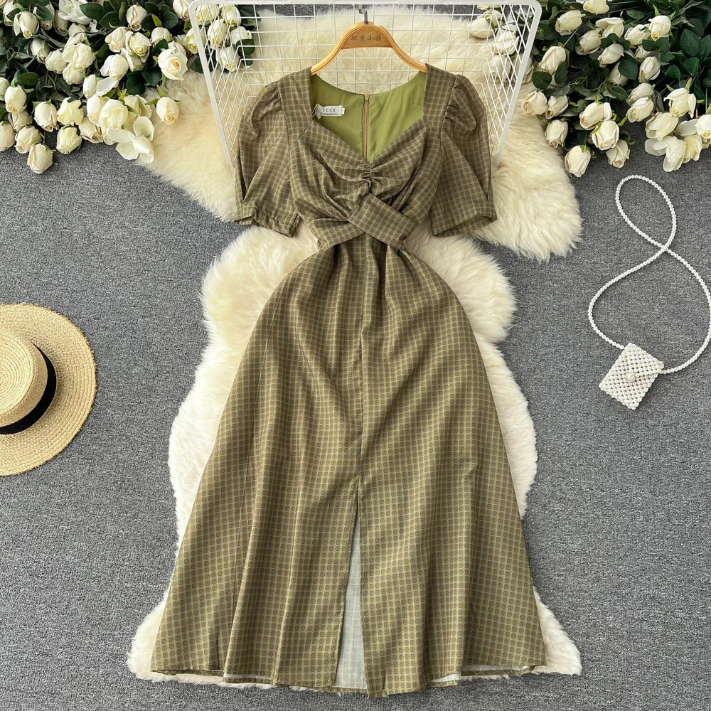 

Korean Chic V-neck Short Sleeve A-line Dress 2022 Summer New Fashion Women Slim Fit Thin Plaid Split Clothes Vestidos G783