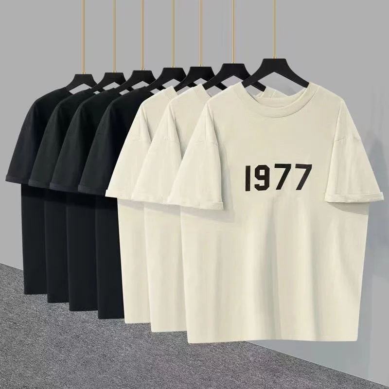 

Essentials Women summer Short Sleeve 1977 High Quality 1:1 Flocked Heat Transfer High Street Oversized Design Men Tee Streetwear