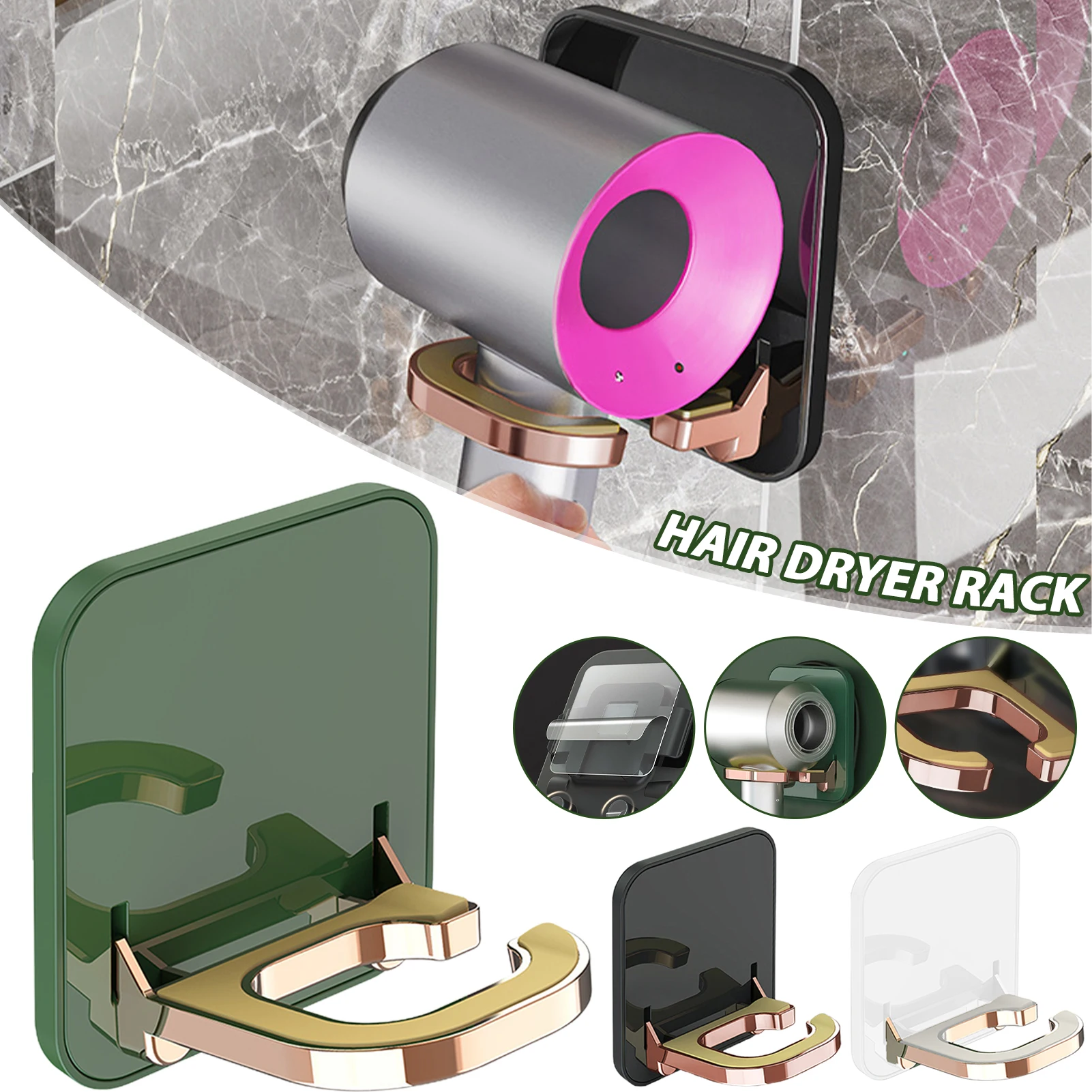 

Wall Mounted Hair Dryer Storage Rack with Cable Organizer Waterproof Punch-Free Bathroom Accessories Space Saving