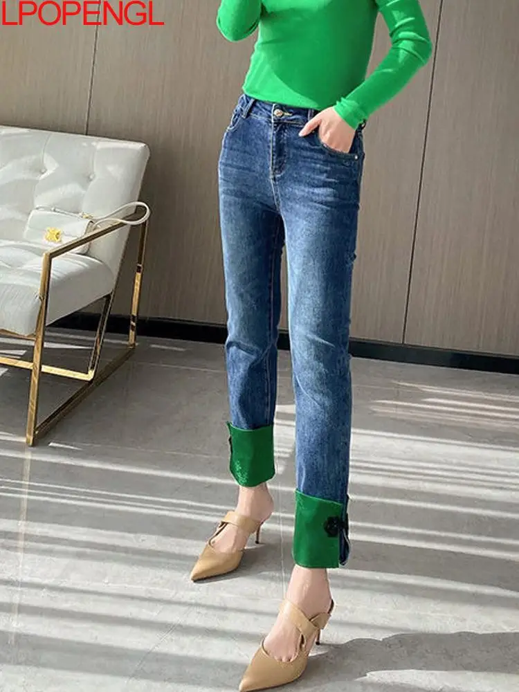 

Китайские джинсы с дисковой пряжкой и разрезом контрастных цветов, паркетные женские прямые офисные брюки до щиколотки с высокой талией