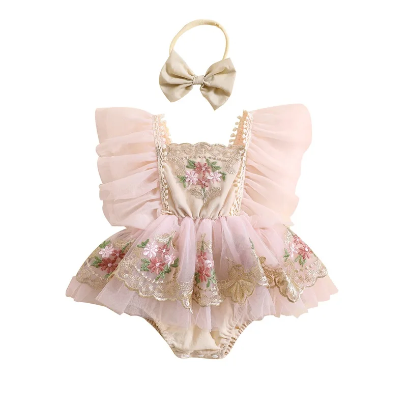 

Newborn Infant Baby Girl Outfit, Embroidery Flower Fly Sleeve Romper with Bowknot Hairband Summer Clothes 0-24M
