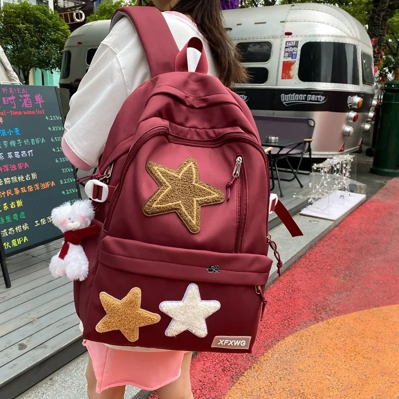 

Korean Fashion Casual High-capacity Star Patchwork Backpack Women Travel Bag Preppy High School Bookback Cool Bag for Women