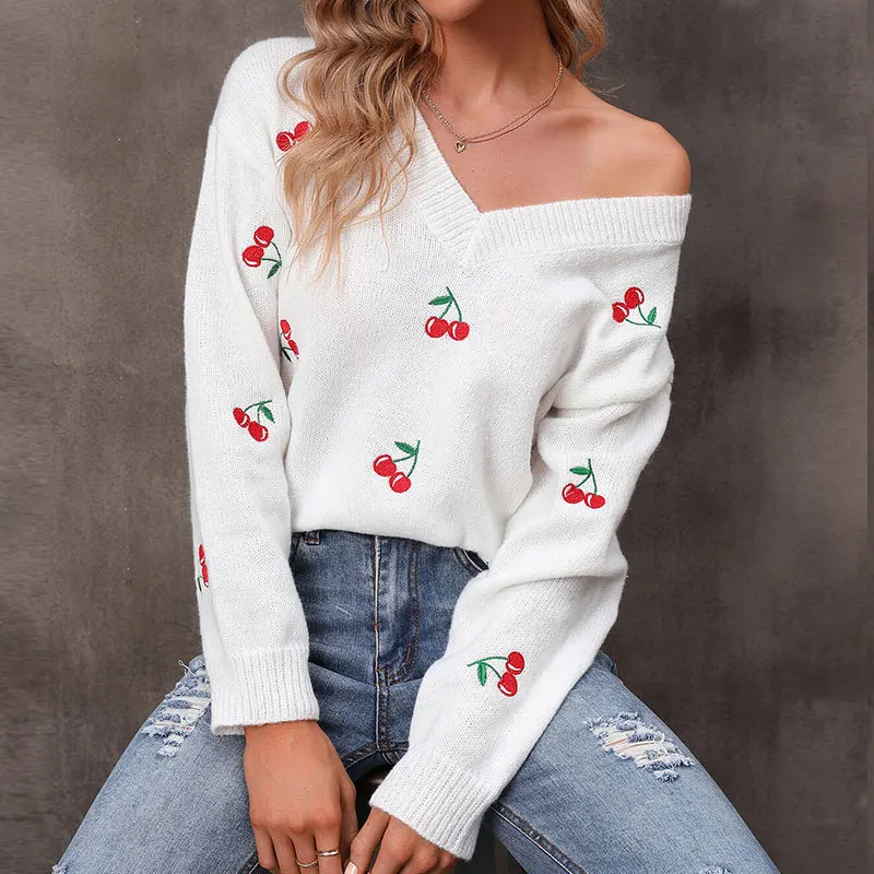 

Autumn Winter Loose Casual All-match Knitted Sweater Women Cherry Embroidery V-neck Sexy Cute Long Sleeve Pullover Sueter Mujer