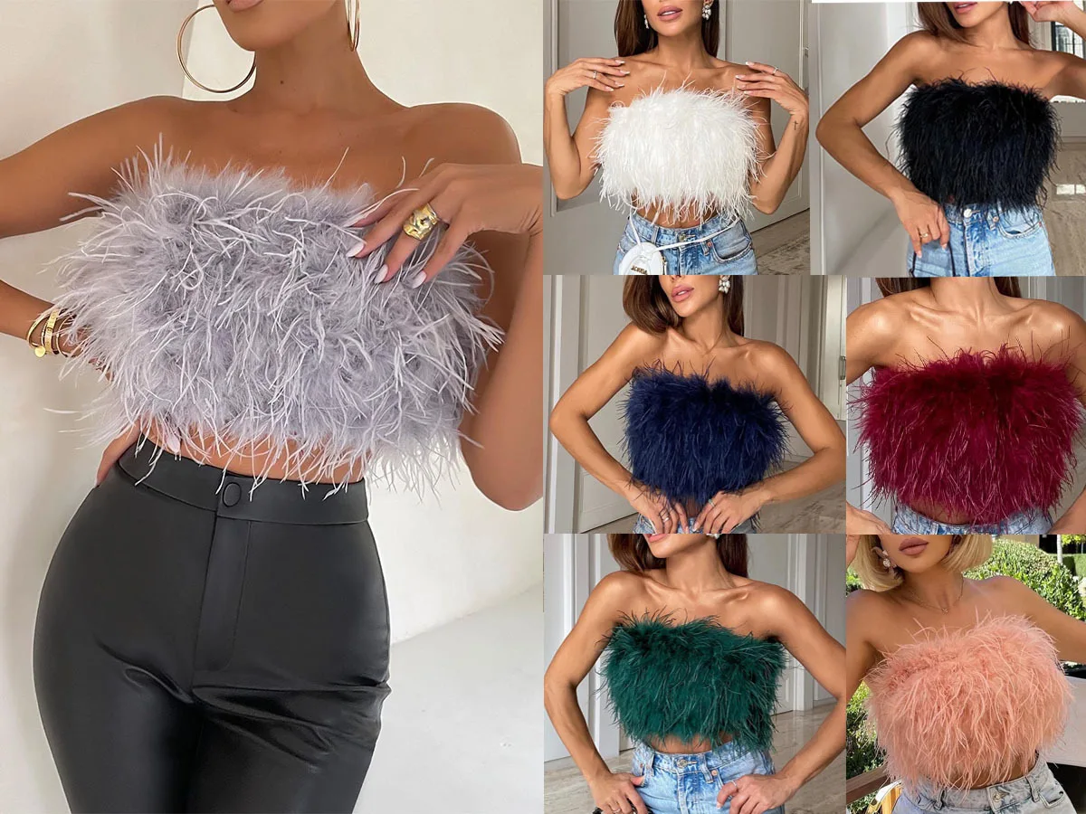 Sexy Feather Cropped Tank Top Women Fashion Fluffy Backless Solid Tube Tops Female 2023 Spring Summer Lady New Party Club Vest