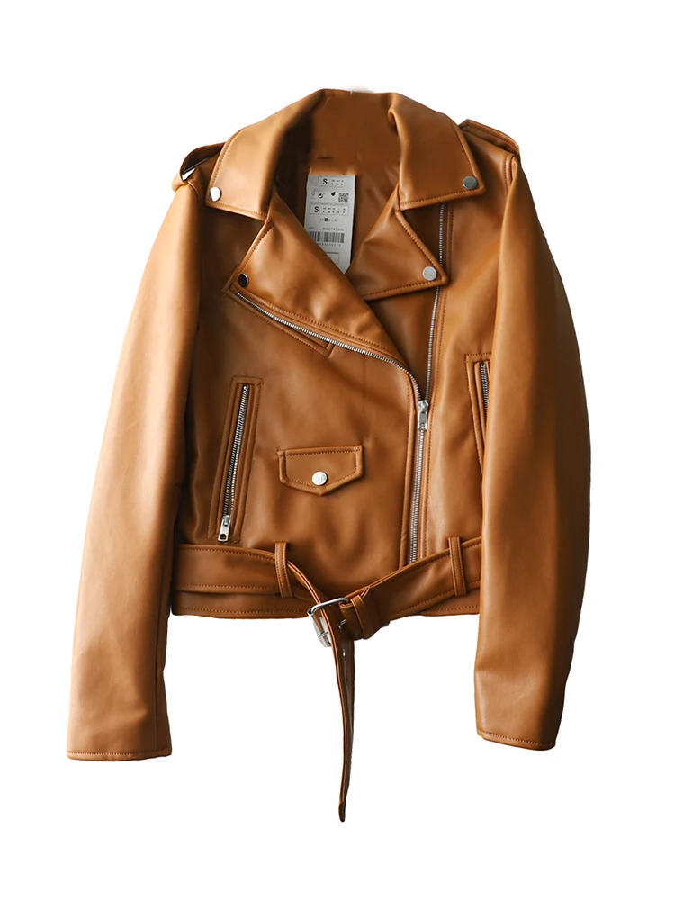 Spring Autumn Women Zippers V-neck Faux Leather Jacket Minimalist Neutral Style Brown Motorcycle Jacket PU Streetwear Coats