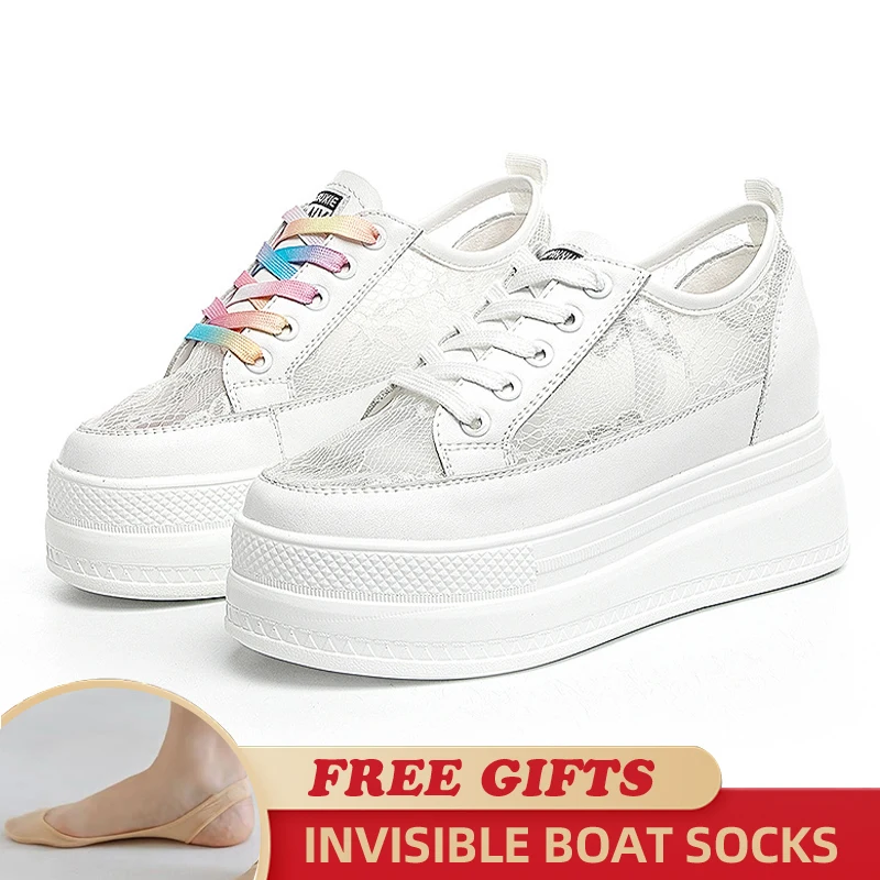 Rainbow Lace 8cm Chunky Sneaker 2023 Fashion Air Mesh Female Breathable Hidden Heels Casual Women Vulcanize Platform Woman Shoes
