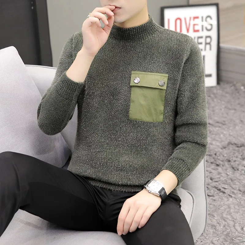 New Winter Top Quality Half high collar Men Sweater Thick Warm Pullover Casual pocket Mens Sweaters High Neck Knit Male Jump | Мужская