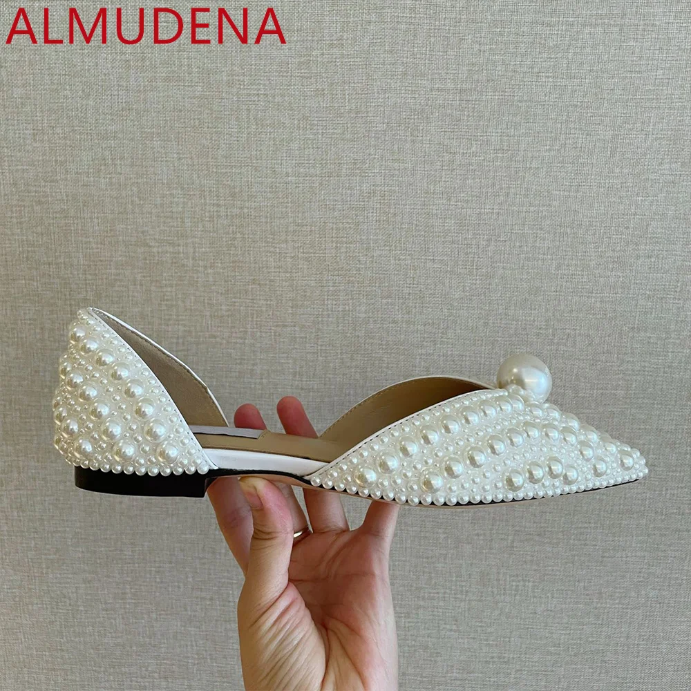 Pointed Toe Women D'orsay Flats Full Pearl Shoes Elegance Dress Adult Summer Genuine Leather Sheepskin Shoe Outside Slip On Flat