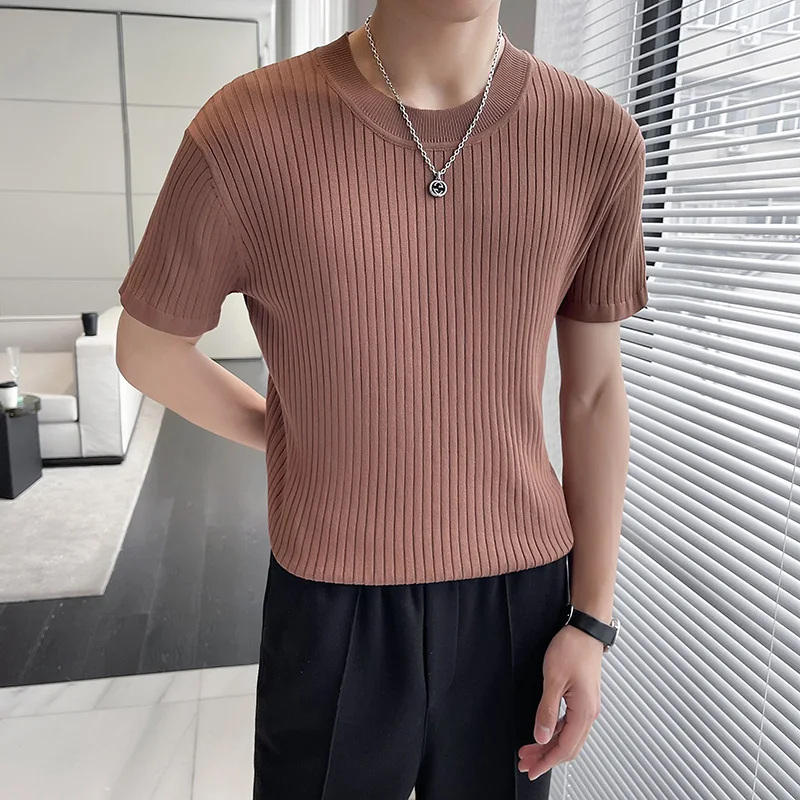 

Short sleeved round neck summer business breathable elastic slim fitting polo shirt High quality fabric Ice silk T-shirt is cool