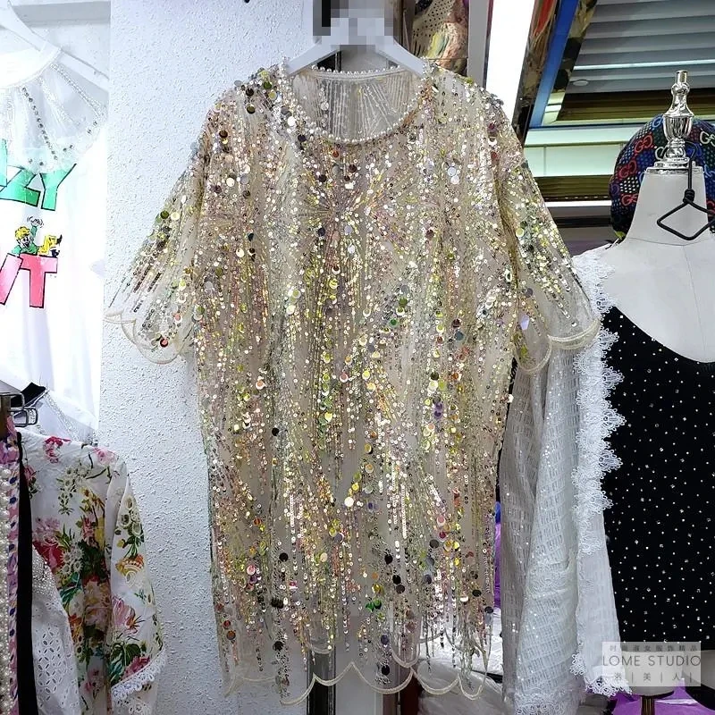 Summer Sequined Party BlingBling T Shirt New Fashion Round Collar See-through Mesh Short Sleeve Mini Dress Femme Shiny Club Tops