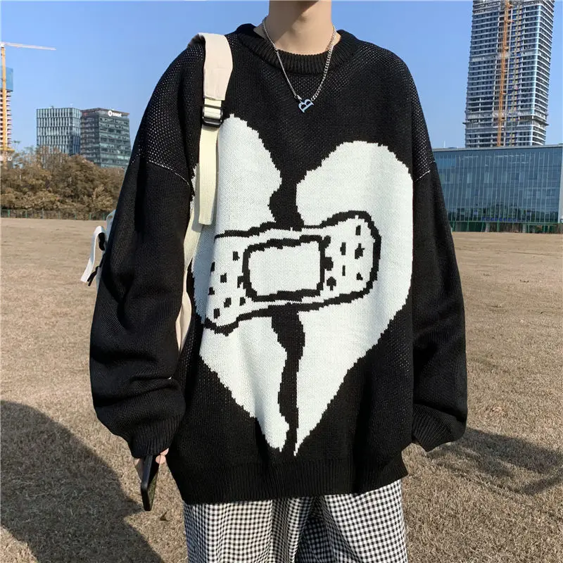 Men's Pullovers Heart Sweater Women's Streetwear Sweaters Y2k Harajuku Vintage Knitted Sweater O Neck Knitwear Jumper Oversize