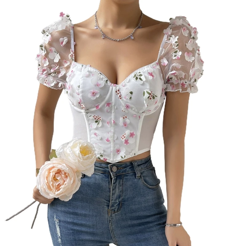 

Женские футболки с коротким рукавом, летние цветочные укороченные топы, милая Сетчатая футболка в стиле пэчворк, сексуальная туника с рыбка...