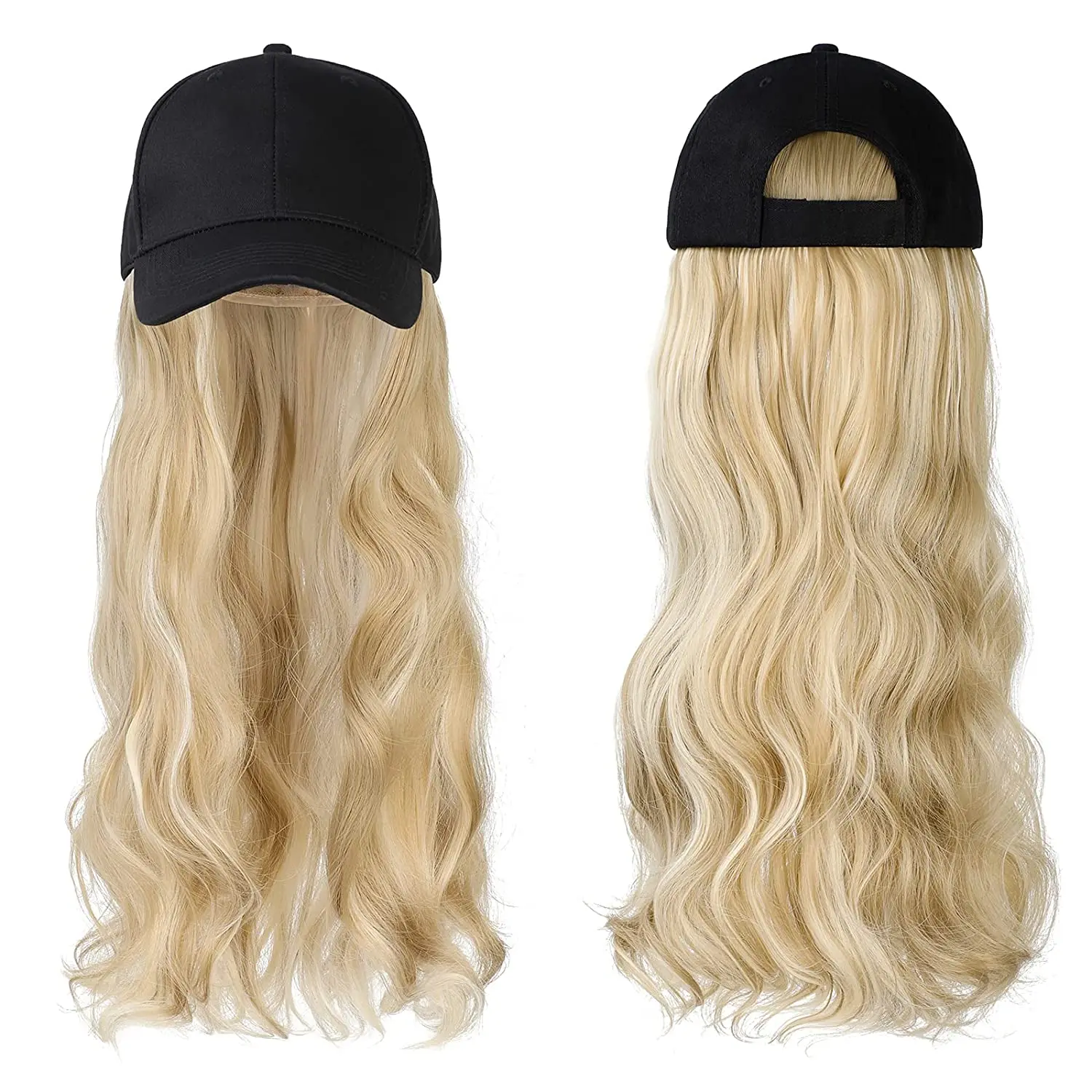 SHANGZI Long Wavy Synthetic Baseball white Cap whit Hair Wig Natural wigs Removable Naturally Synthetic Hat Wig For Girl