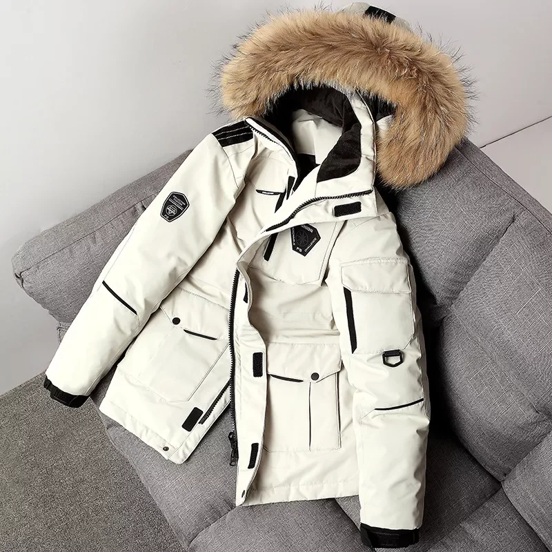 2022New Winter New Men's White Duck Down Jacket Large Fur Collar Hooded Coats Splicing Tooling Style Thick Warm Parka Male B