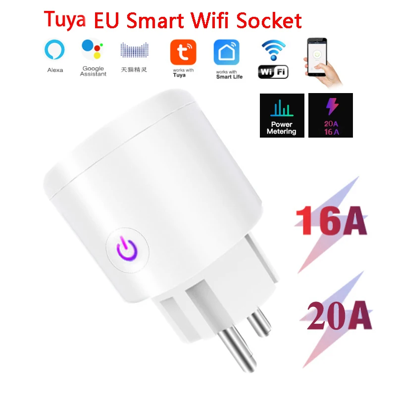 

Tuya 16A 20A Smart Wifi Plug EU Smart Socket With Power Monitering Energy Saving Timing Remote Control Smart Life Alexa Google
