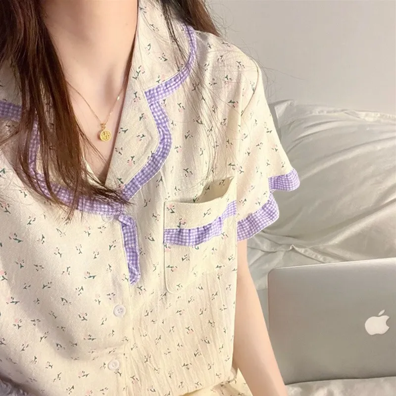 Korean Pajama Mujer Grid Print Cotton Yarn Sleepwear Set Short Sleeve Top+Shorts Ruffle Homewear Skin-Friendly Breathable