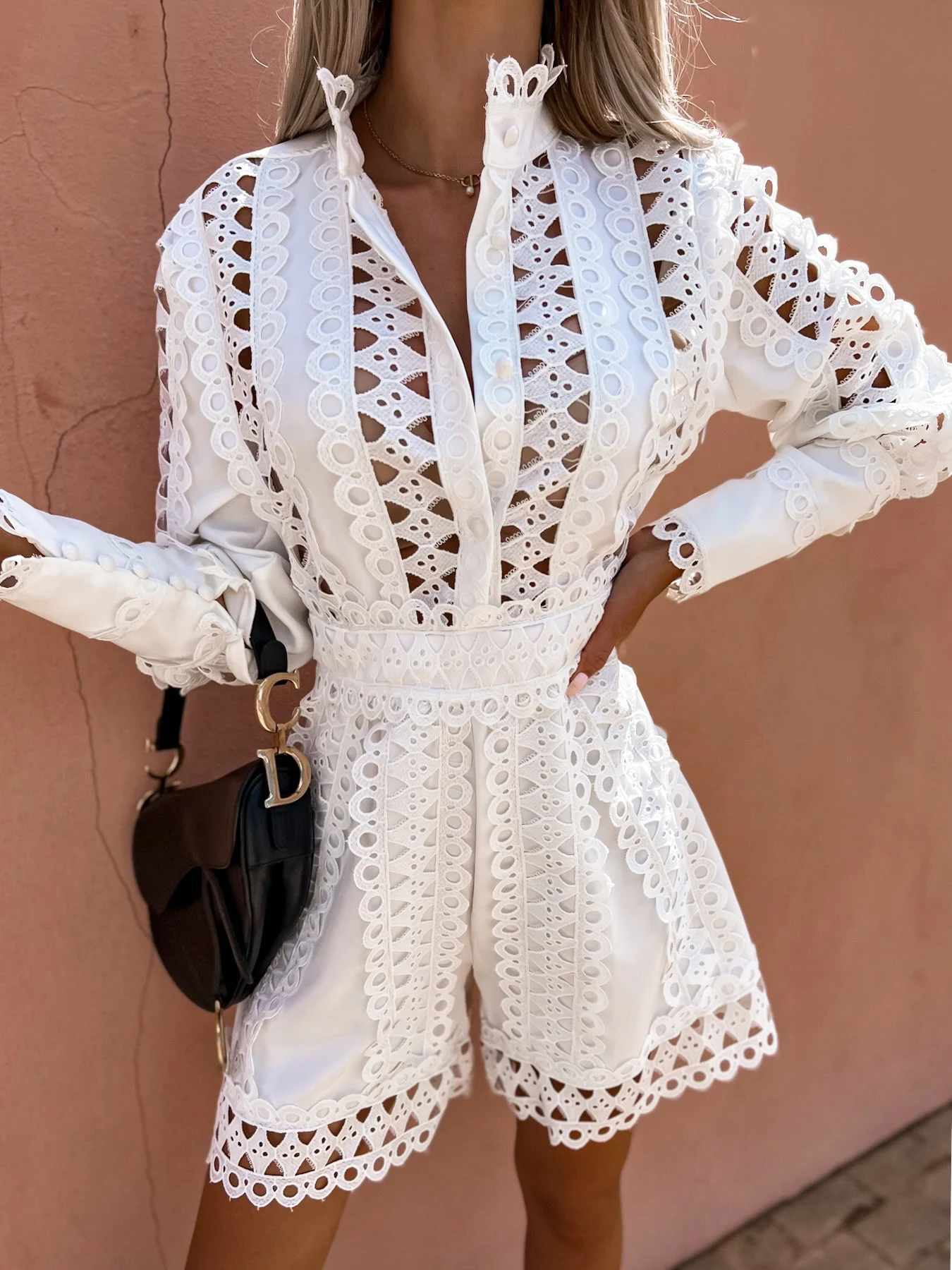 

Foridol Long Sleeve Casual Shirt Hollow Out Summer Wide Leg Playsuit Women Romper White Button Spring Black Overalls