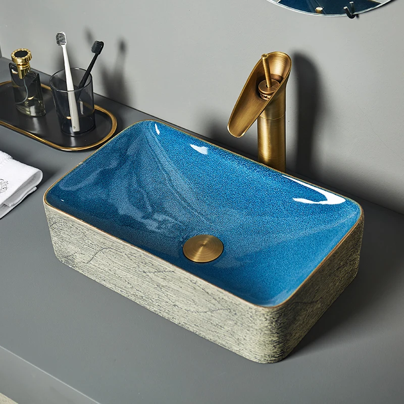 

Lavatory wash basin Rectangular Artistic Porcelain Ceramic Semi Countertop Bathroom Sink Art Basin With Overflow