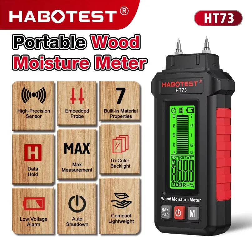 Фото Новый портативный влагомер HABOTEST/HT73 с ЖК-дисплеем, трехцветной подсветкой и функцией сохранения данных для древесины, строительных материалов (1 шт.) №3