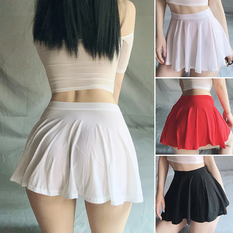 

Micro Mini Skirt Thin See-through Sexy Club Wear Sheer A-line Pleated Short Skirt Women Ice Silk Soft White Erotic Lingerie