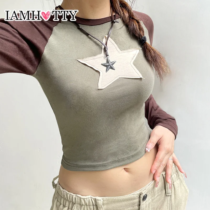 

IAMHOTTY y2k Star Patches Contrast Patchwork T-shirt Vintage Casual Basic Long Sleeve Tops Autumn Grunge Pullovers Cute Tees New