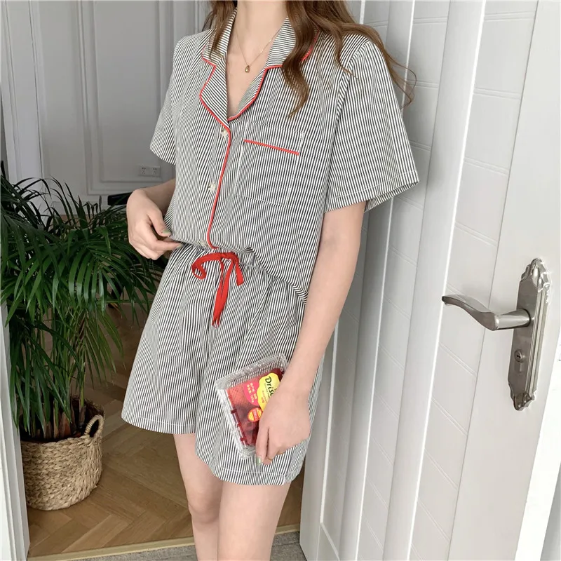 New Korean Fashion Simple Pajamas Cotton Linen Stripes Edging Sleepwear Casual Comfortable Two-piece Loungewear Women Pajama Set