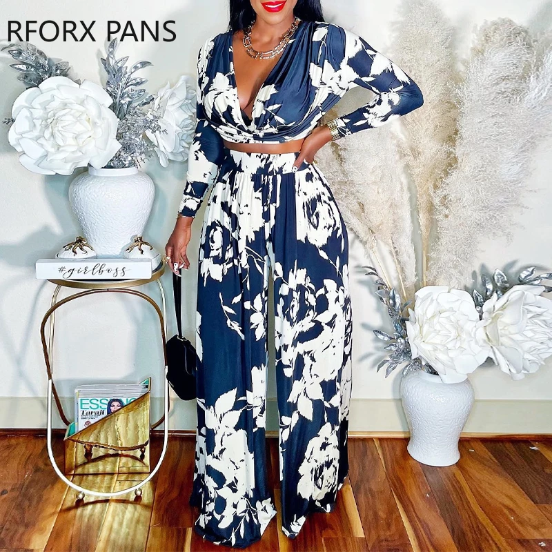

Women Casual Long Sleeves All Over Print Floral Pattern Sexy V Neck Spring Short Top Straight Pants Sets