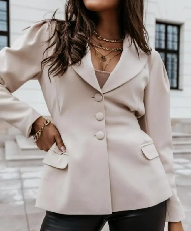 

Ladies Blazer Fashion Coat 2023 Puff Sleeve Single Breasted Blazer Coat Daily Commuting Solid Color Slim Fit Long Sleeve Coat