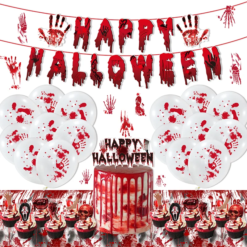 

Halloween Party Decor Happy Halloween Banner Limb Cupcake Topper Tablecloth Balloons Blood Hand Sticker Halloween Party Favors