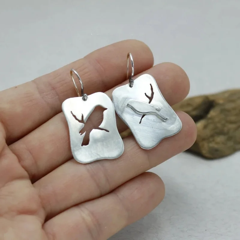 Vintage Square Metal Craftsman Carved Bird Earrings Boho Women Simple Asymmetric Hook Drop | Dangle