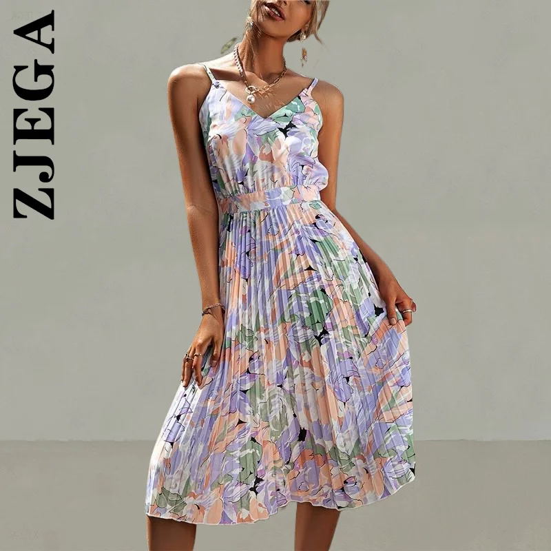 

Zjega Women New Dress V-neck holiday pleated print summer dress Girl Lazy Outfits Slim Korean Female Vestidos Dresses Woman