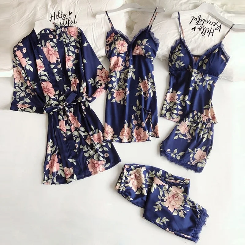 

Robe Sets Women Sleepwear Printing Satin Bridal Wedding Gift Nightwear Casual Kimono Bathrobe Gown Intimate Lingerie Nightgown