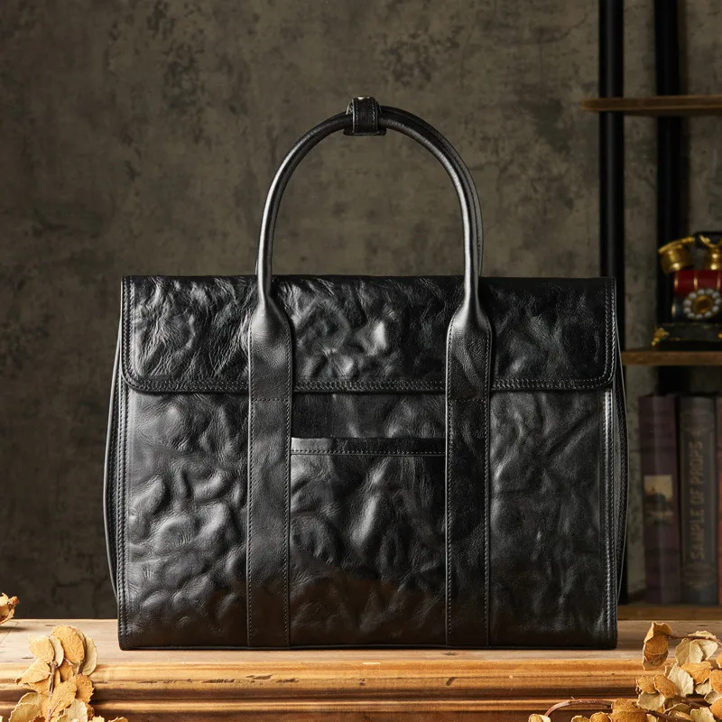 Vintage Fashion Designer Natural genuine Leather Men Black Pleated handmade Handbag Teen Office 14 Inch Laptop lawyer Briefcase