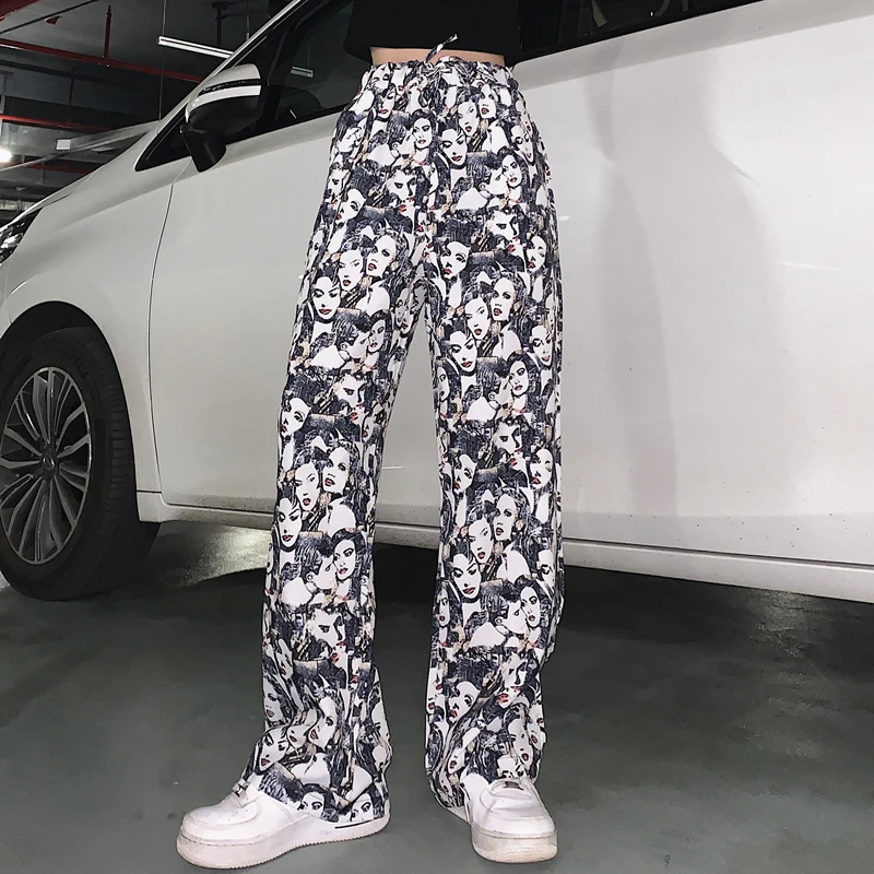 

Summer Pants Women Men Couple Clothes Streetwear Vintage Character Print Casual Pants Wide Leg Loose Pants