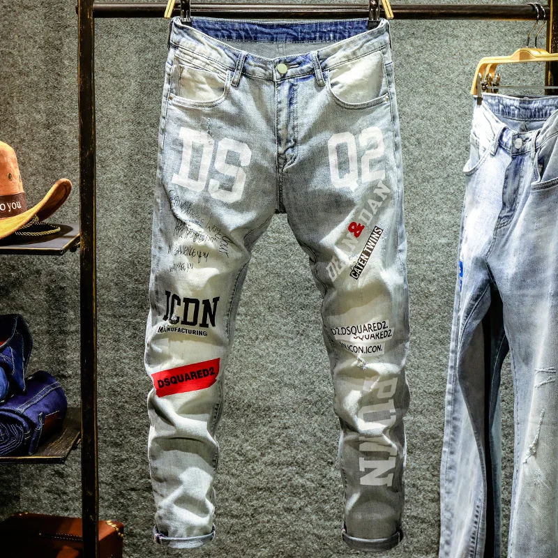

Dsquared2 Brand Mens Denim Pants Fashion Casual Slim DSQ Letter Print Jeans For Men High Street Punk Retro Blue Denim Trousers