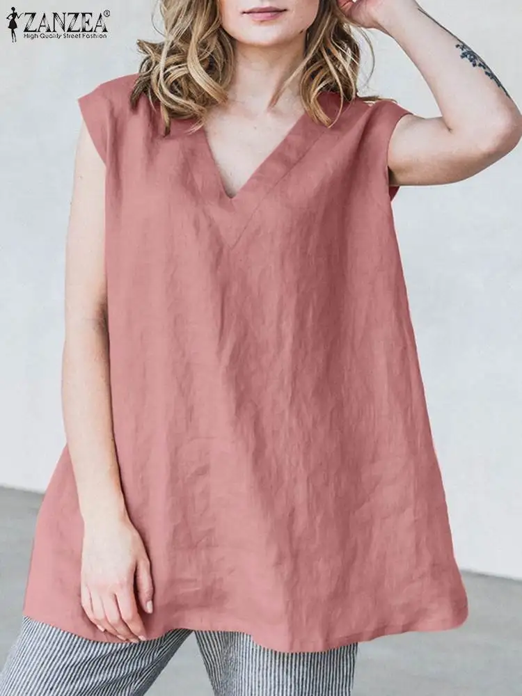 

ZANZEA Femme Sleeveless V-Neck Solid Color Cotton Blouse Women Summer Holidy Beach Tank Tops Elegant Casual Loose Shirt 2022