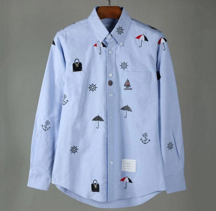 TB Men's Shirts Embroidery New Shirts Men Casual Shirt Turn Down Collar Slim Long Sleeve Oxford Embroidery Solid Men's Cloth