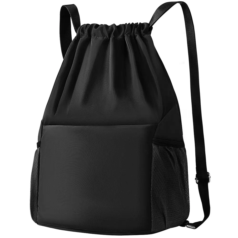 Nylon Waterproof Drawstring Bag, Sackpack Sport Gym Backpack String Bag for Gym Shopping Sport Yoga, Black