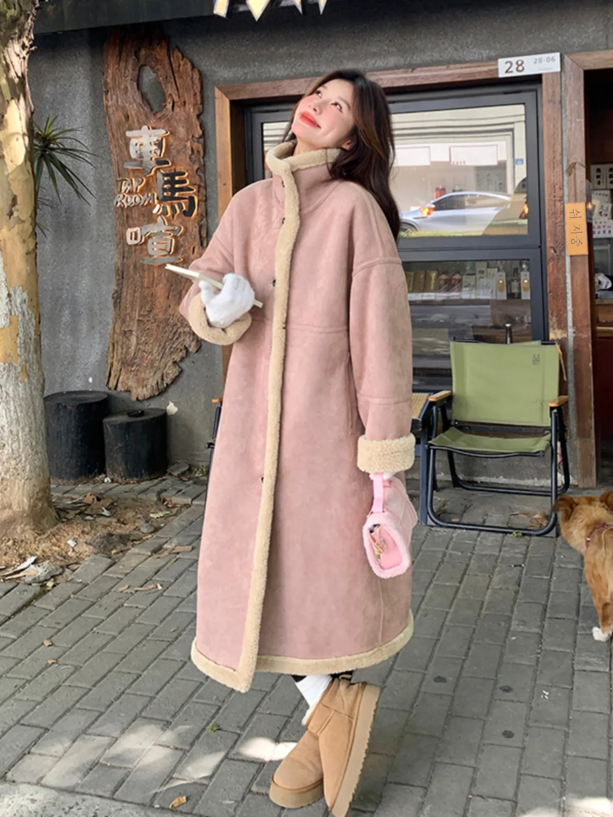 Розовое элегантное длинное меховое интегрированное пальто для женщин новинка