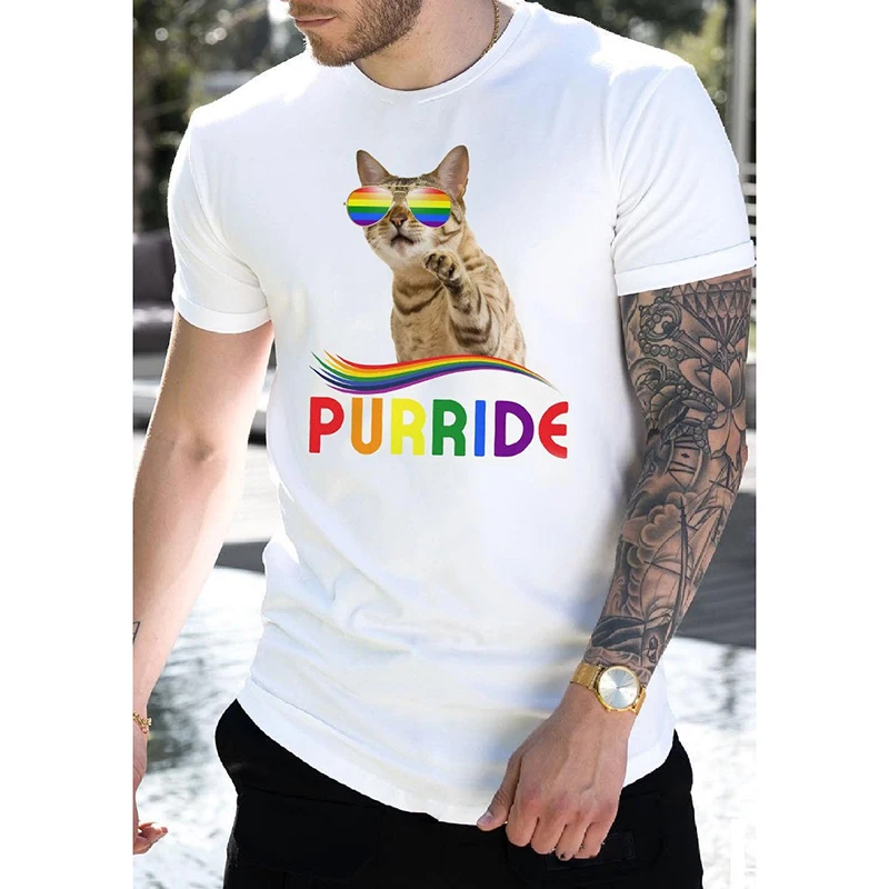 

Badassdude Rainbow Striped Cat Printing Men's Casual Fashion T-shirt