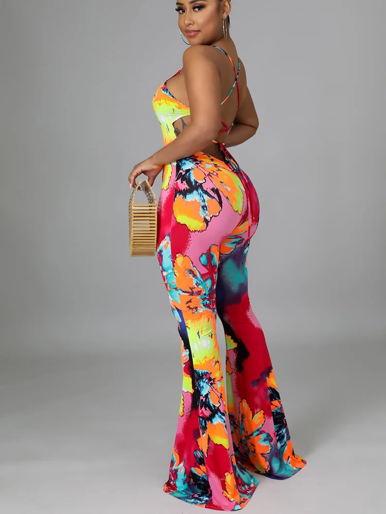 Sexy Floral Print Strap Backpackless Jumpsuit  Monos Mujer Elegante One Fashion Casual Pieces for Women Elegant Female