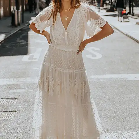 2023 Summer Women Fashion Short Sleeve V-Neck Beach Long Dress Elegant Mesh Lace Panel Embroidery Dress Boho White Loose Dresses